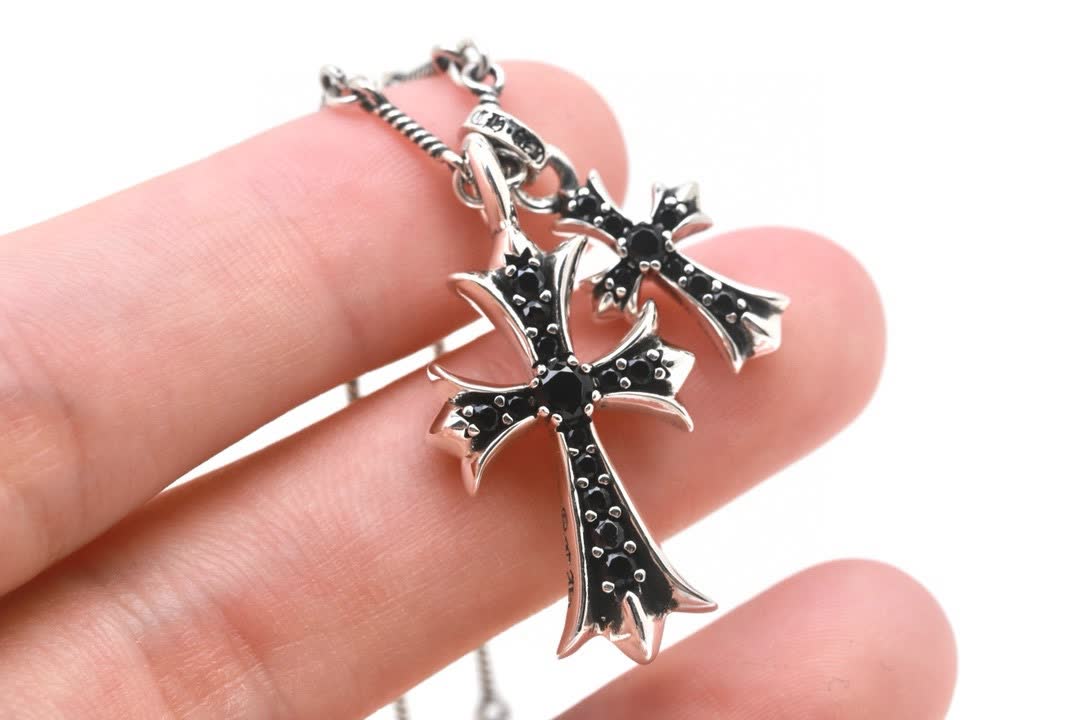 Chrome Hearts Silver Cross Pendant with Black Stones